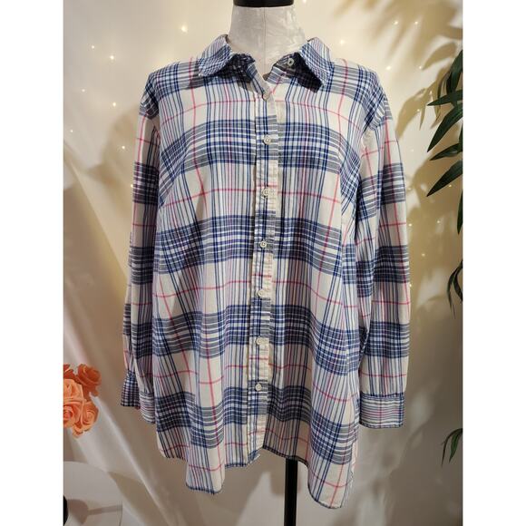 Talbots Classic Cotton Plaid Pearl Button Up Shirt Womens Plus 2X White Blue - Picture 1 of 9